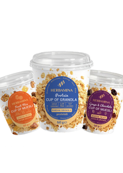 Herbamina Müsli im Becher 3er-Mix – Früchte · Protein Granola · Schokolade & Weintrauben