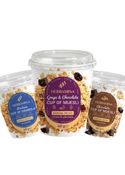 Herbamina Müsli im Becher 3er-Mix – Protein Granola · Schokolade & Weintrauben · Schokolade