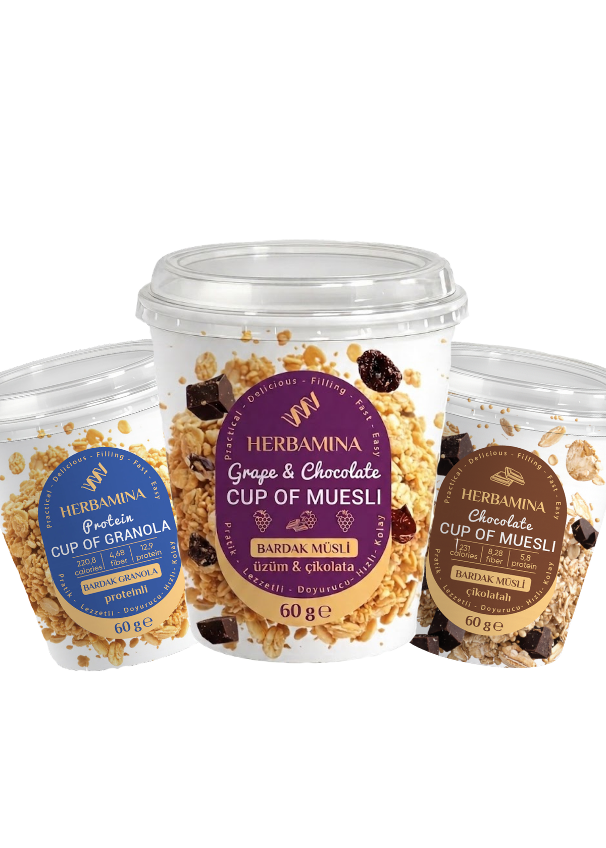 Herbamina Müsli im Becher 3er-Mix, 3 × 60 g – Protein Granola · Schokolade & Weintrauben · Schokolade