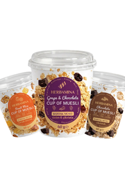 Herbamina Muesli Cup 3-Pack – Fruit · Chocolate & Grapes · Chocolate