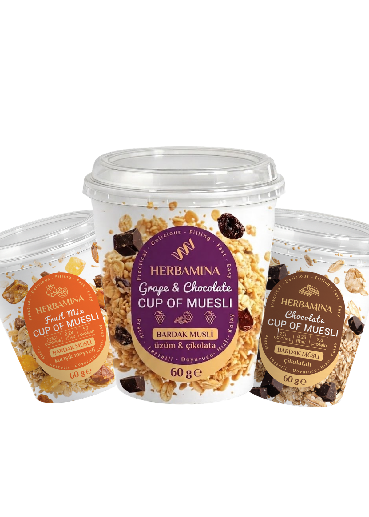 Herbamina Müsli im Becher 3er-Mix, 3 × 60 g – Früchte · Schokolade & Weintrauben · Schokolade