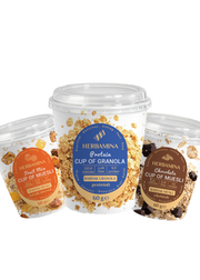 Herbamina Müsli im Becher 3er-Mix – Früchte · Protein Granola · Schokolade